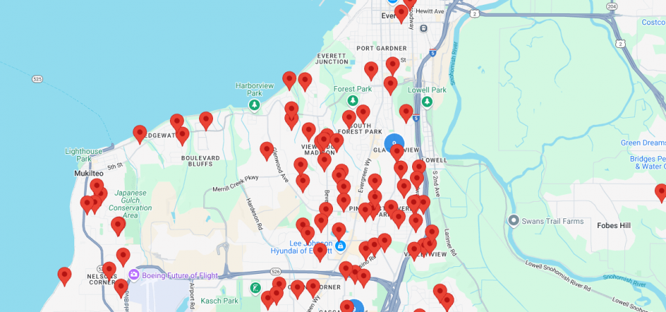 Map showing the locations of hundred of senior living provides in the Everett area